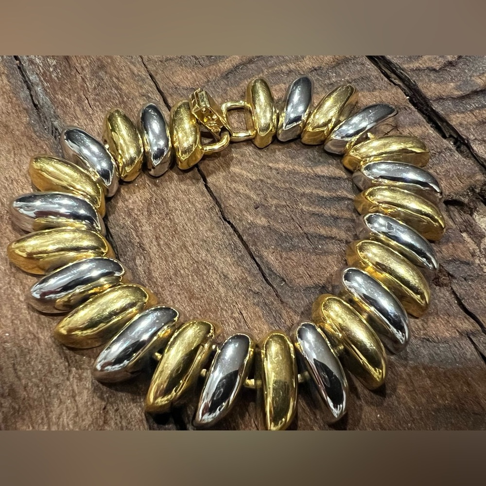 Modern Bracelet Chunky Gold and Silver Plated Costume Jewelry Articulated 7.75”